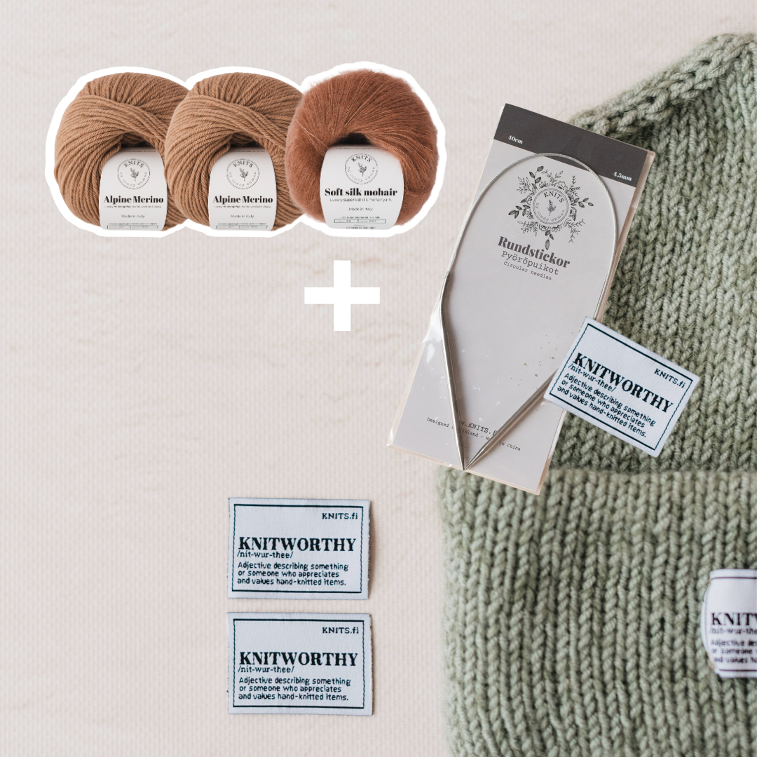 Knitting yarn and accessories with 'Knitworthy' branding on a neutral background